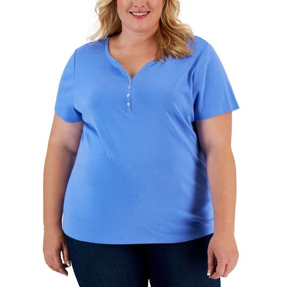 Karen Scott Plus Size Cotton Henley Top - Picture 1 of 1